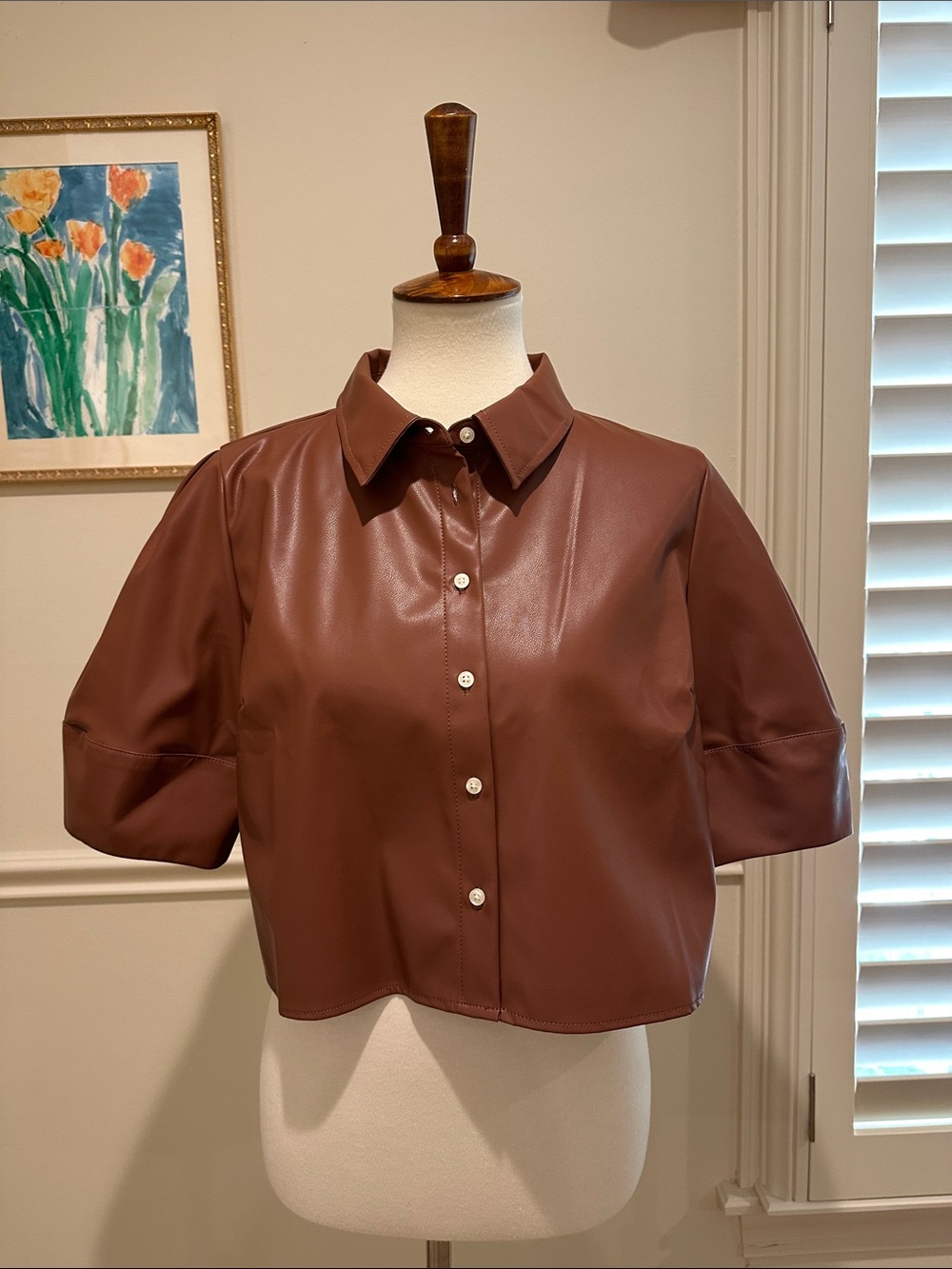 Maeve Short-Sleeve Faux Leather Button-Down in Chestnut Brown